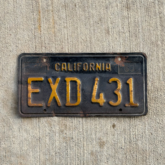 Photo of a 1963 California License Plate Auto Tag Garage Decor Vintage EXD 431 with original patina