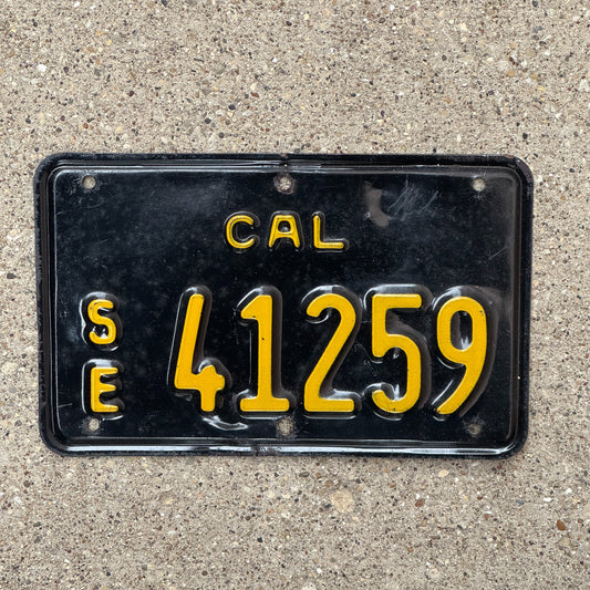 Photo of a 1963 California Special Equipment License Plate Auto Tag Garage Decor Vintage Motorcycle Size SE 41259 with original patina