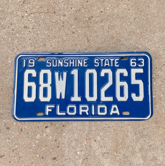 Photo of a 1963 Florida License Plate Auto Tag Garage Decor Vintage High Quality 68 W 10265 with original patina