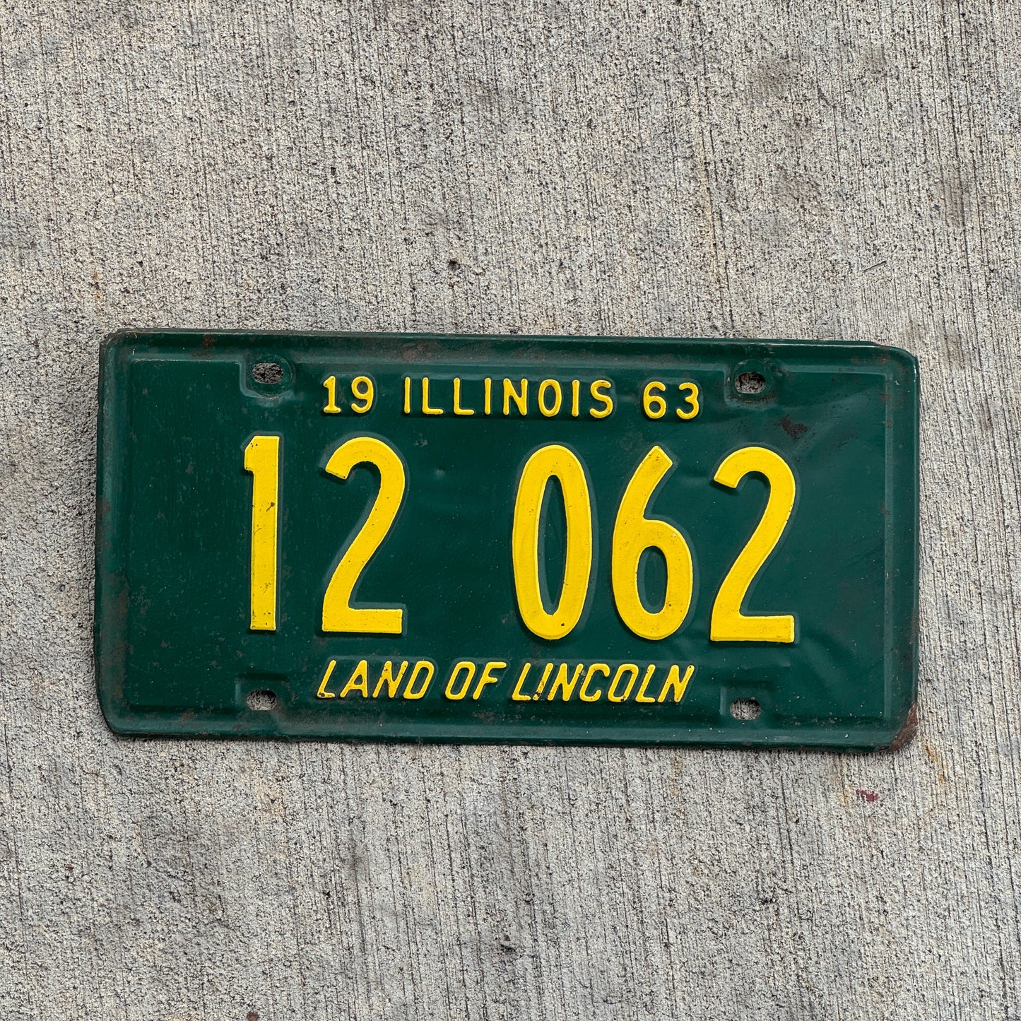 Photo of a 1963 Illinois License Plate Auto Tag 1 Vintage Garage 12 062 with original patina