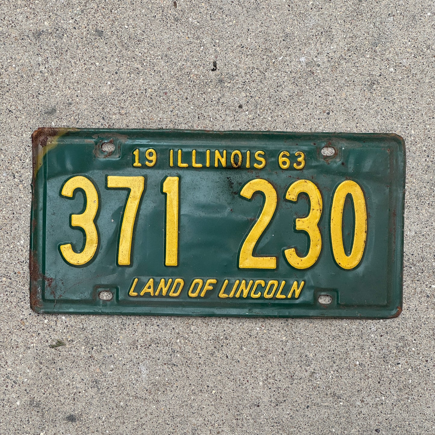 Photo of a 1963 Illinois License Plate Auto Tag 1 Vintage Garage 371 230 with original patina