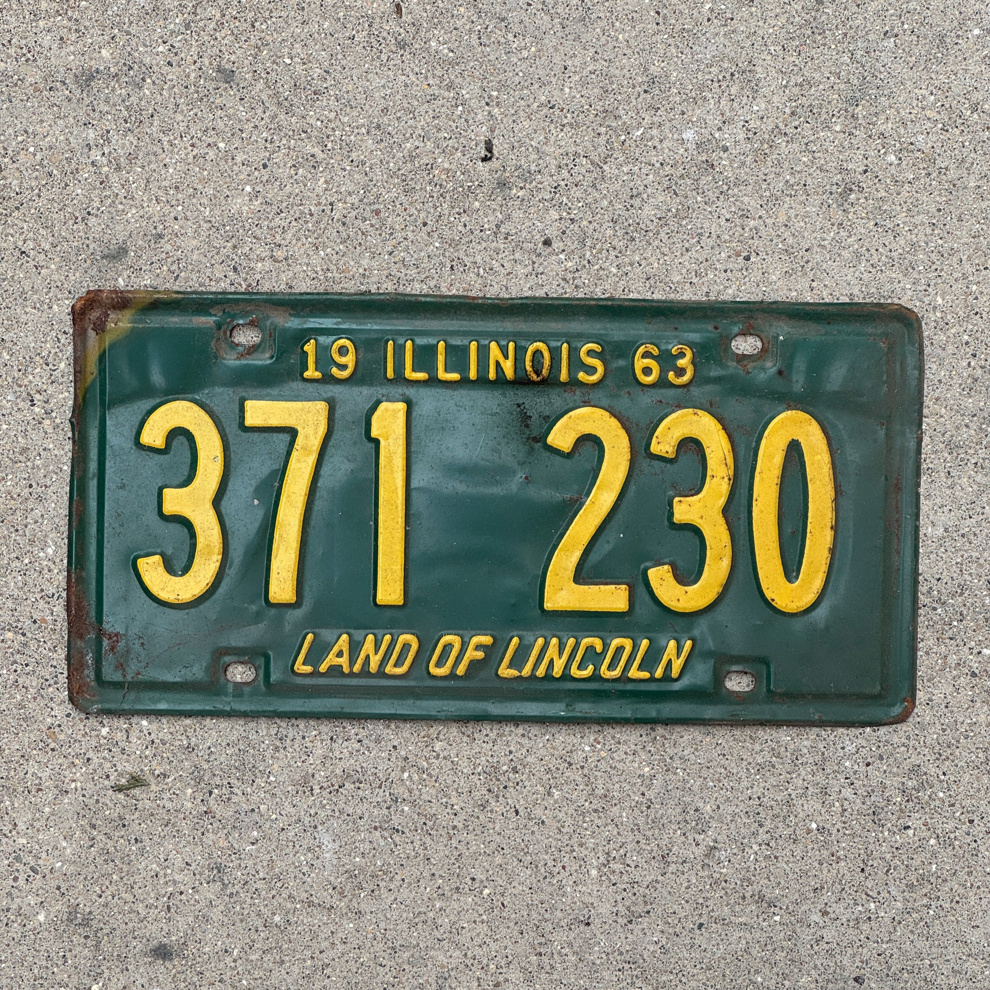Photo of a 1963 Illinois License Plate Auto Tag 1 Vintage Garage 371 230 with original patina