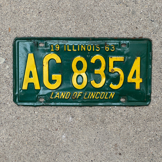 Photo of a 1963 Illinois License Plate Auto Tag 1 Vintage Garage AG 8354 with original patina