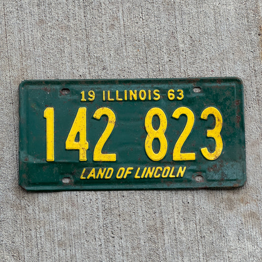 Photo of a 1963 Illinois License Plate Auto Tag 2 Vintage Garage 142 823 with original patina