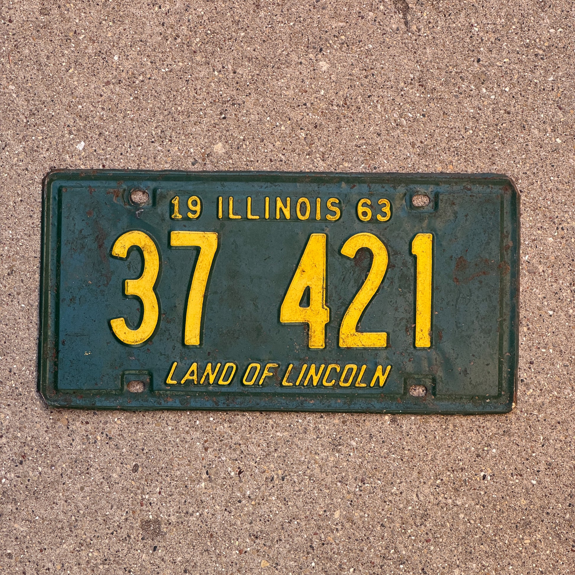 Photo of a 1963 Illinois License Plate Auto Tag 2 Vintage Garage 37 421 with original patina