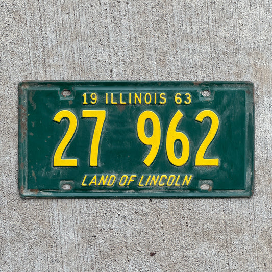 Photo of a 1963 Illinois License Plate Auto Tag Garage Decor Vintage 27 962 with original patina