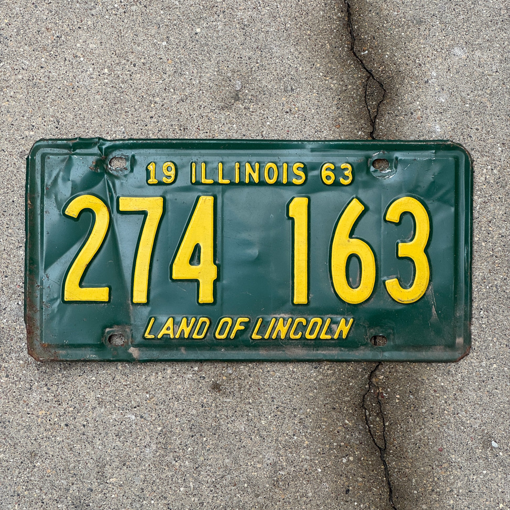 Photo of a 1963 Illinois License Plate Auto Tag Garage Decor Vintage 274 163 with original patina