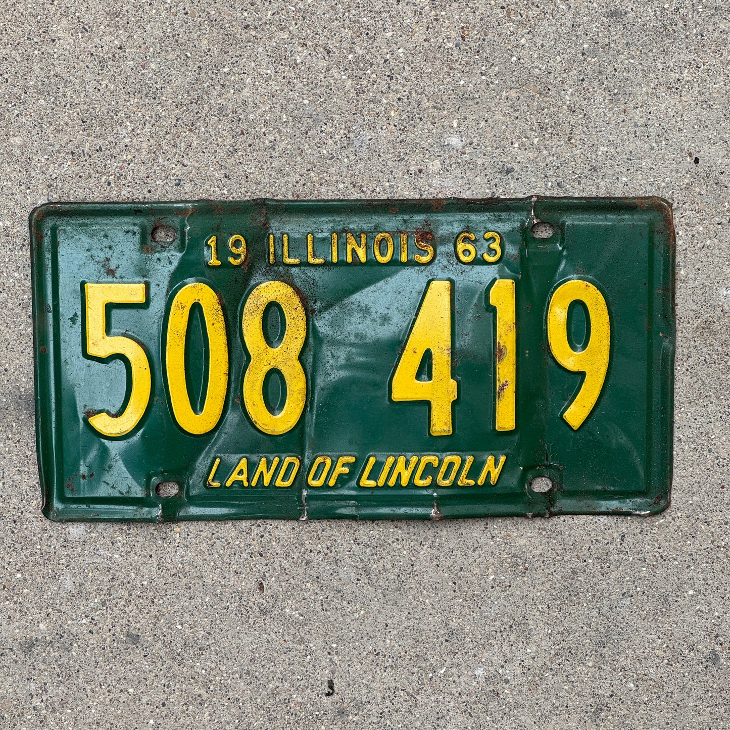 Photo of a 1963 Illinois License Plate Auto Tag Garage Decor Vintage 508 419 with original patina