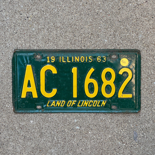 Photo of a 1963 Illinois License Plate Auto Tag Garage Decor Vintage AC 1682 with original patina