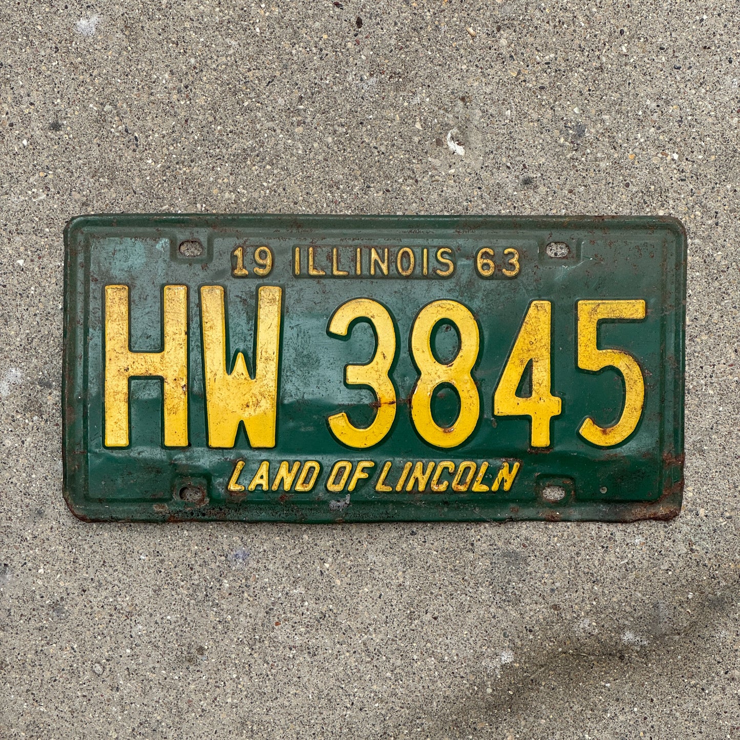 Photo of a 1963 Illinois License Plate Auto Tag Garage Decor Vintage HW 3845 with original patina