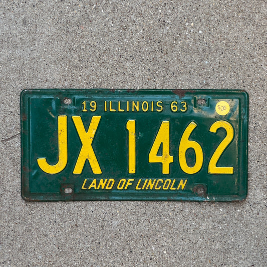 Photo of a 1963 Illinois License Plate Auto Tag Garage Decor Vintage JX 1462 with original patina
