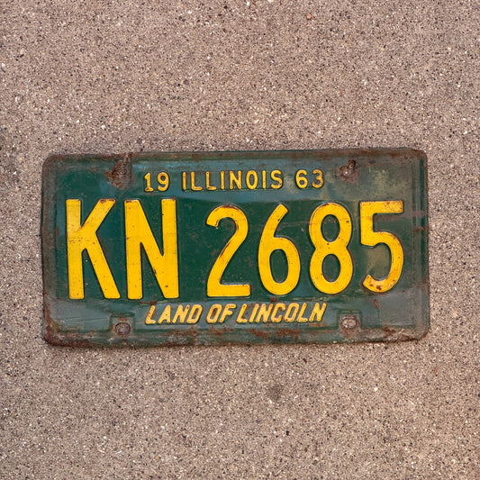 Photo of a 1963 Illinois License Plate Auto Tag Garage Decor Vintage KN 2685 with original patina