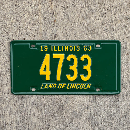Photo of a 1963 Illinois License Plate Auto Tag Garage Decor Vintage Low Number Four Digit 4733 with original patina