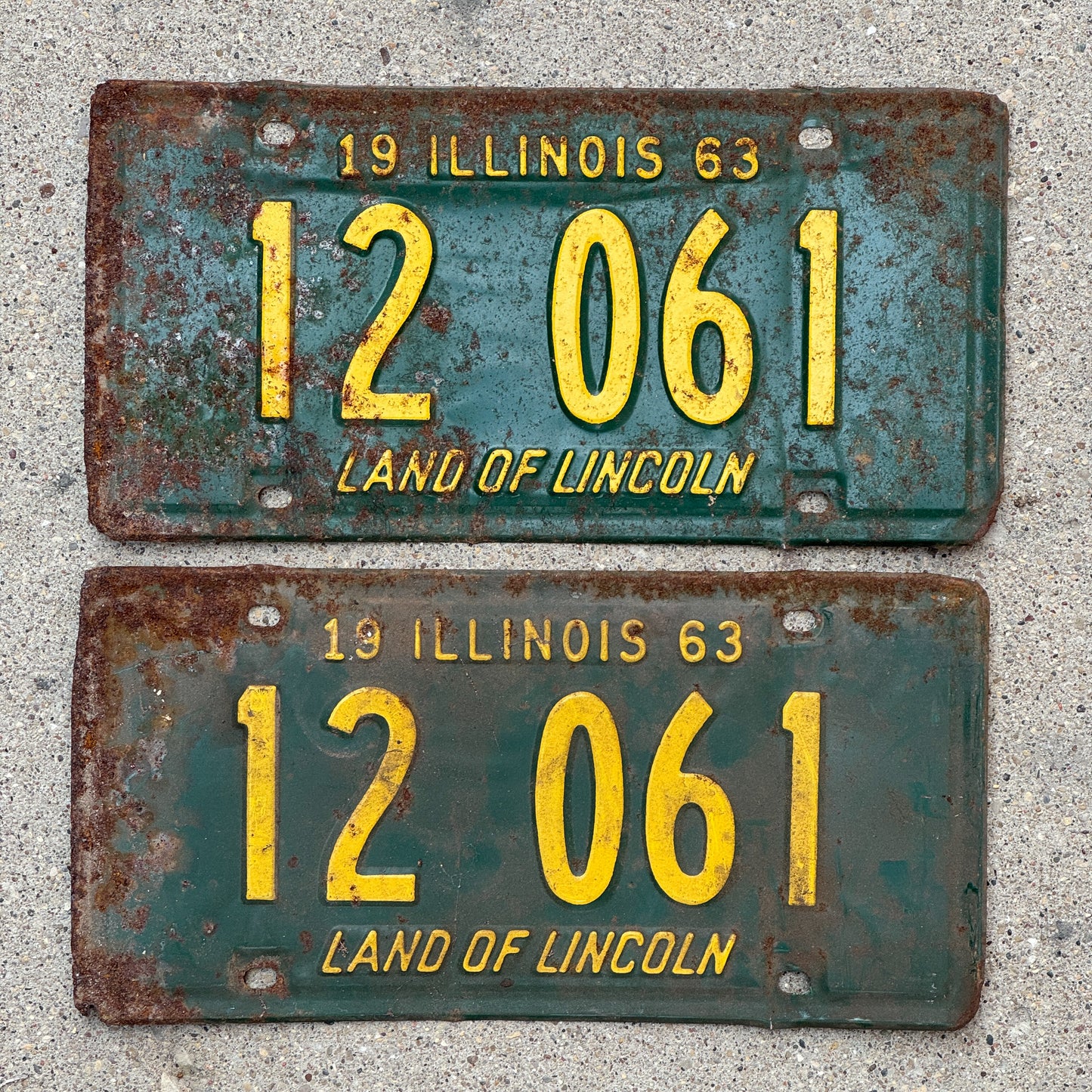 Photo of a 1963 Illinois License Plate Pair Auto Tag Garage Decor Vintage 12 061 with original patina