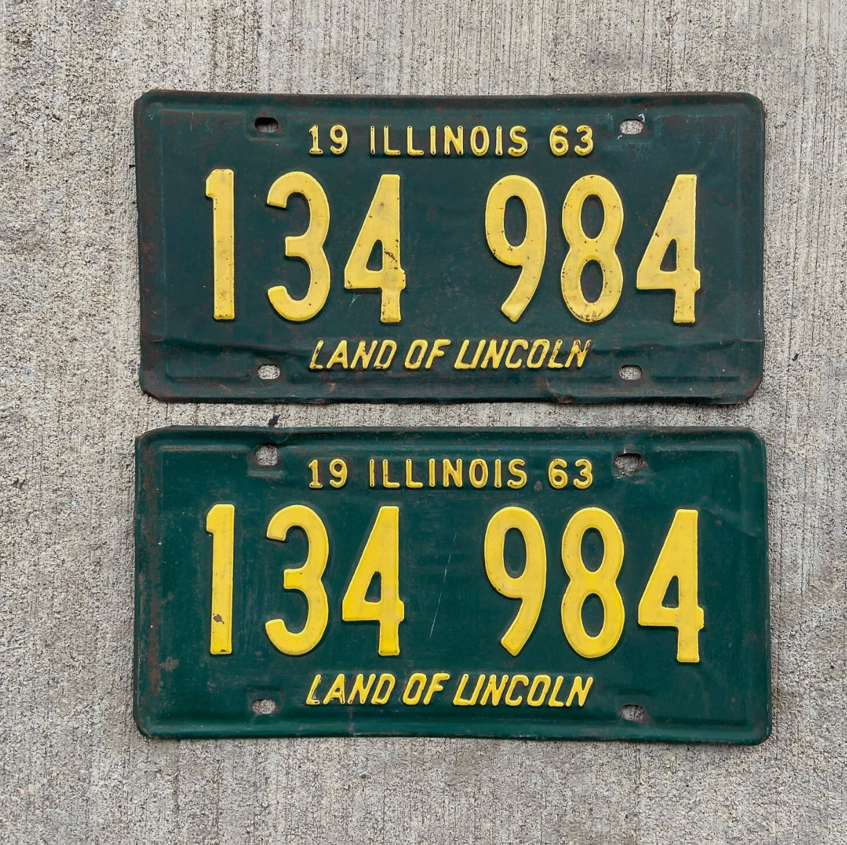 Photo of a 1963 Illinois License Plate Pair Auto Tag Garage Decor Vintage 134984 with original patina
