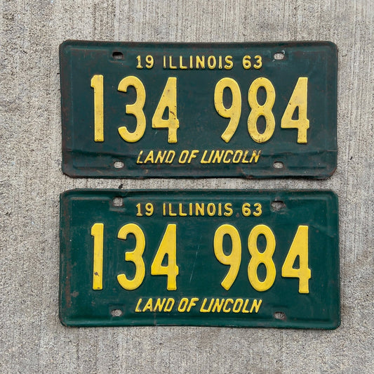 Photo of a 1963 Illinois License Plate Pair Auto Tag Garage Decor Vintage 134984 with original patina
