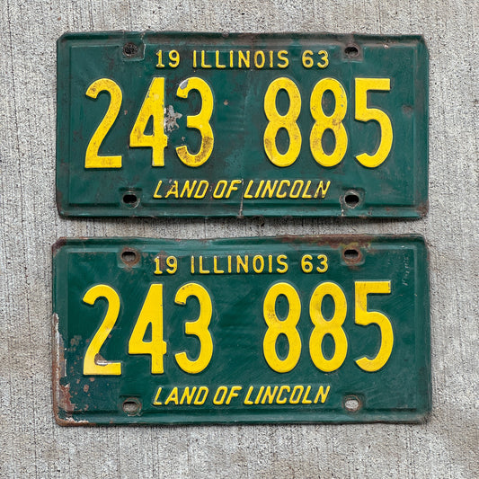 Photo of a 1963 Illinois License Plate Pair Auto Tag Garage Decor Vintage 243 885 with original patina