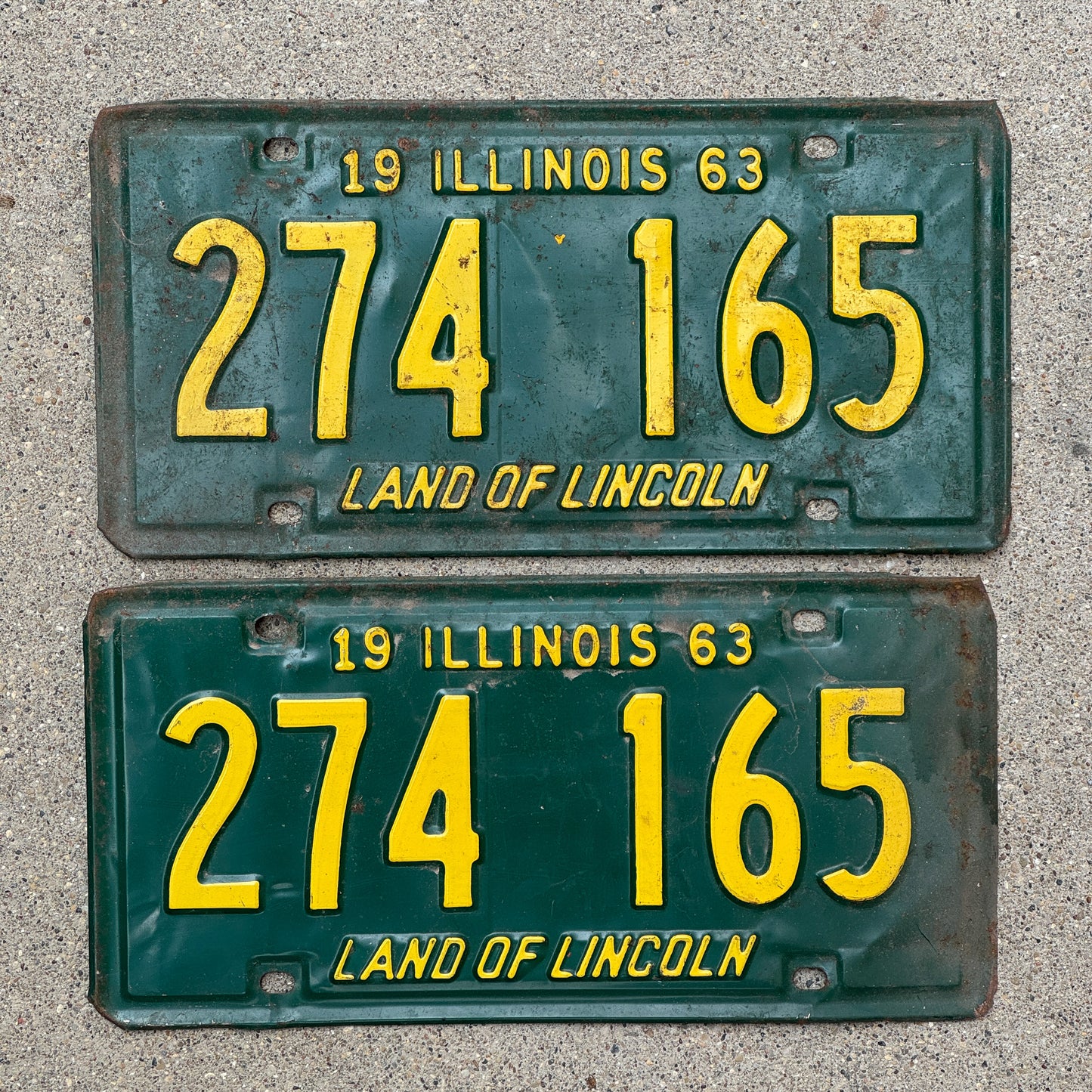 Photo of a 1963 Illinois License Plate Pair Auto Tag Garage Decor Vintage 274 165 with original patina