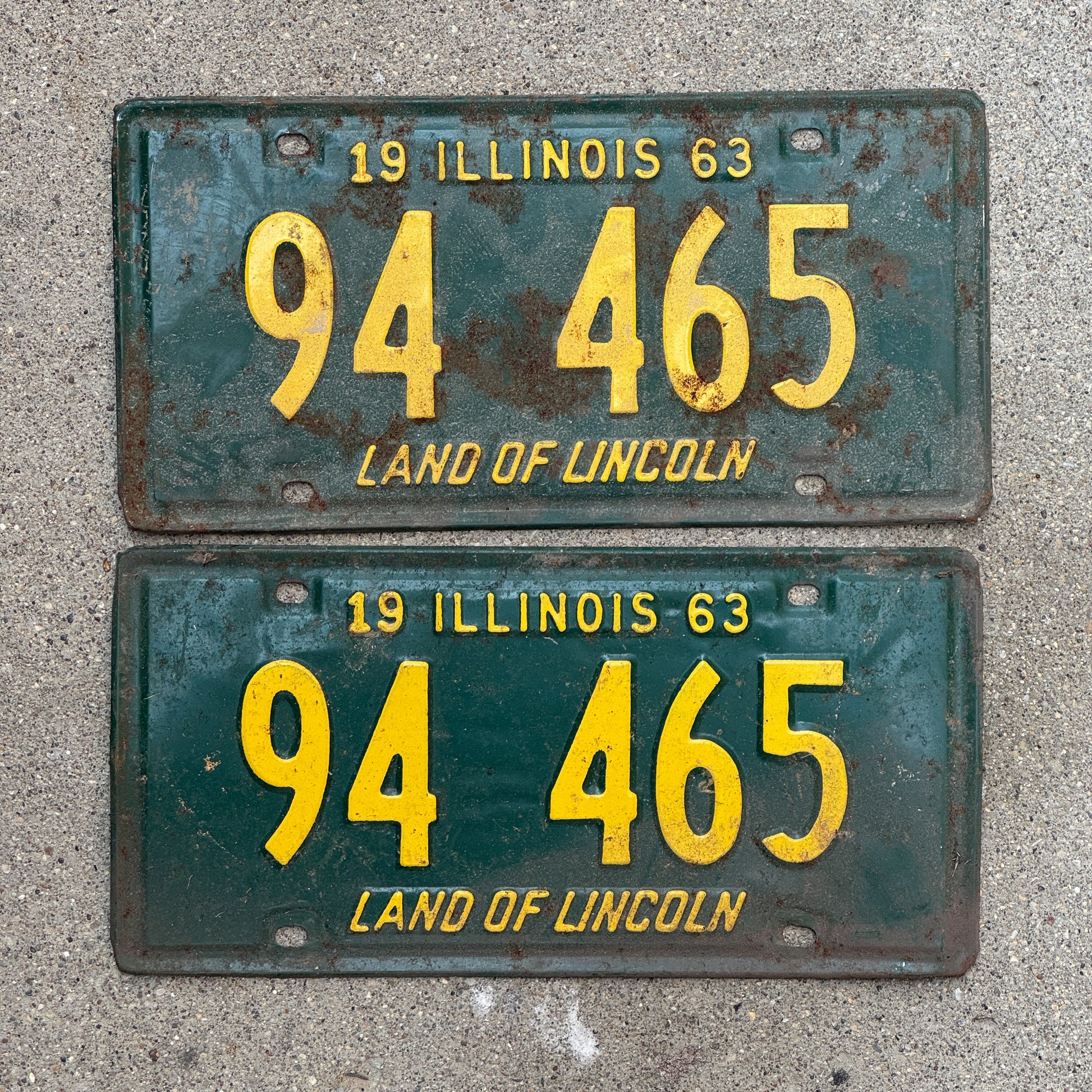 Photo of a 1963 Illinois License Plate Pair Auto Tag Garage Decor Vintage 94 465 with original patina
