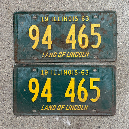 Photo of a 1963 Illinois License Plate Pair Auto Tag Garage Decor Vintage 94 465 with original patina