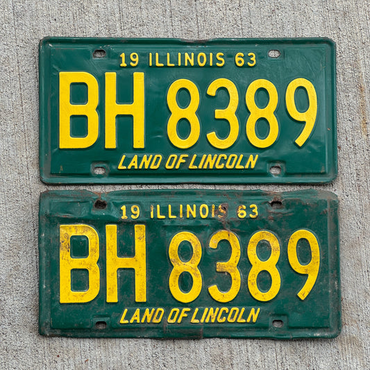 Photo of a 1963 Illinois License Plate Pair Auto Tag Garage Decor Vintage BH 8389 with original patina