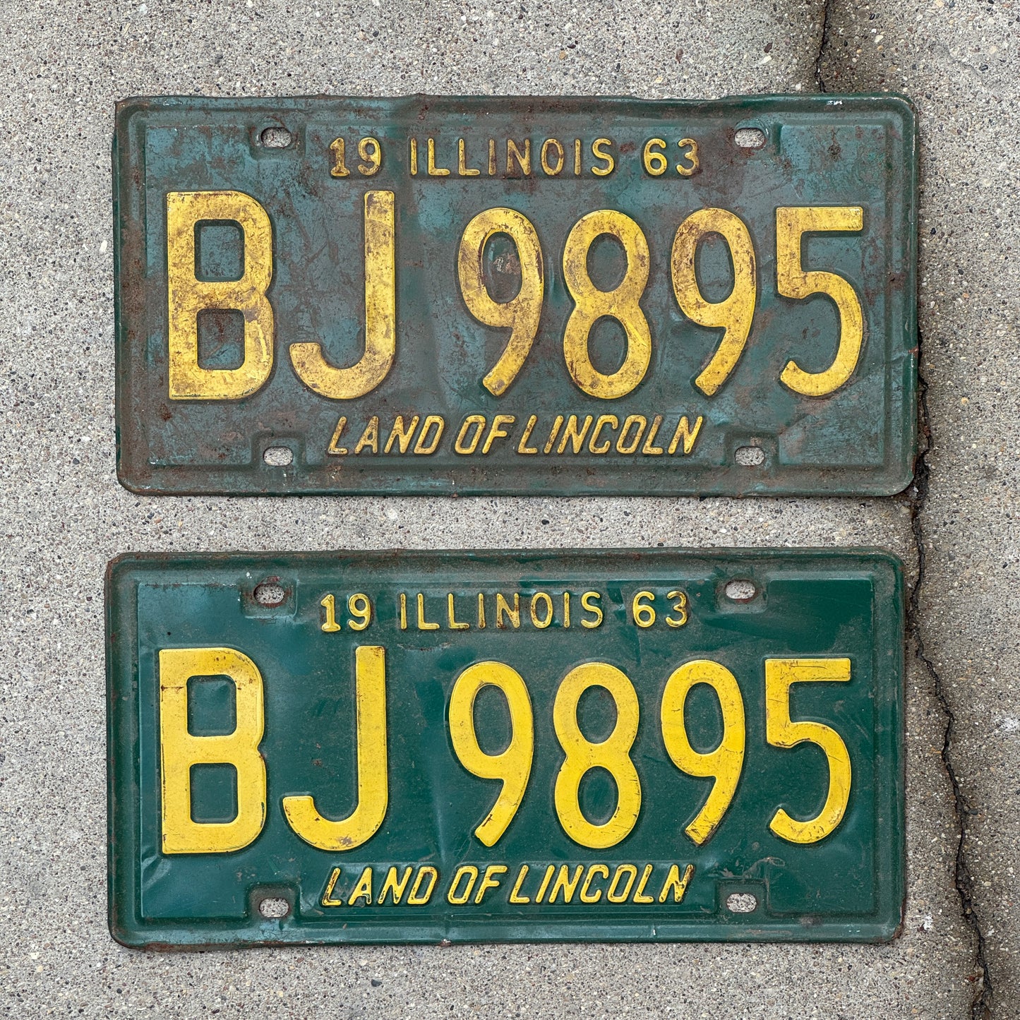 Photo of a 1963 Illinois License Plate Pair Auto Tag Garage Decor Vintage BJ 9895 with original patina