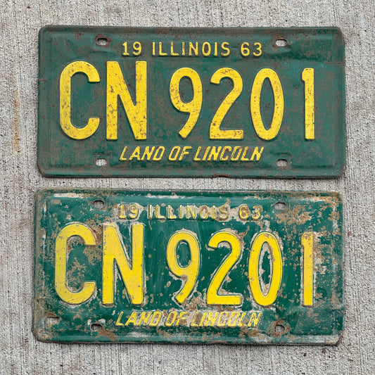 Photo of a 1963 Illinois License Plate Pair Auto Tag Garage Decor Vintage CN 9201 with original patina