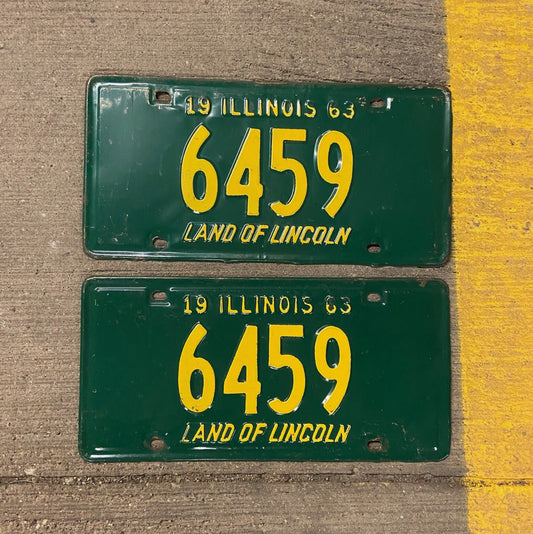 Photo of a 1963 Illinois License Plate Pair Auto Tag Garage Decor Vintage Low Number Four Digit 6459 with original patina