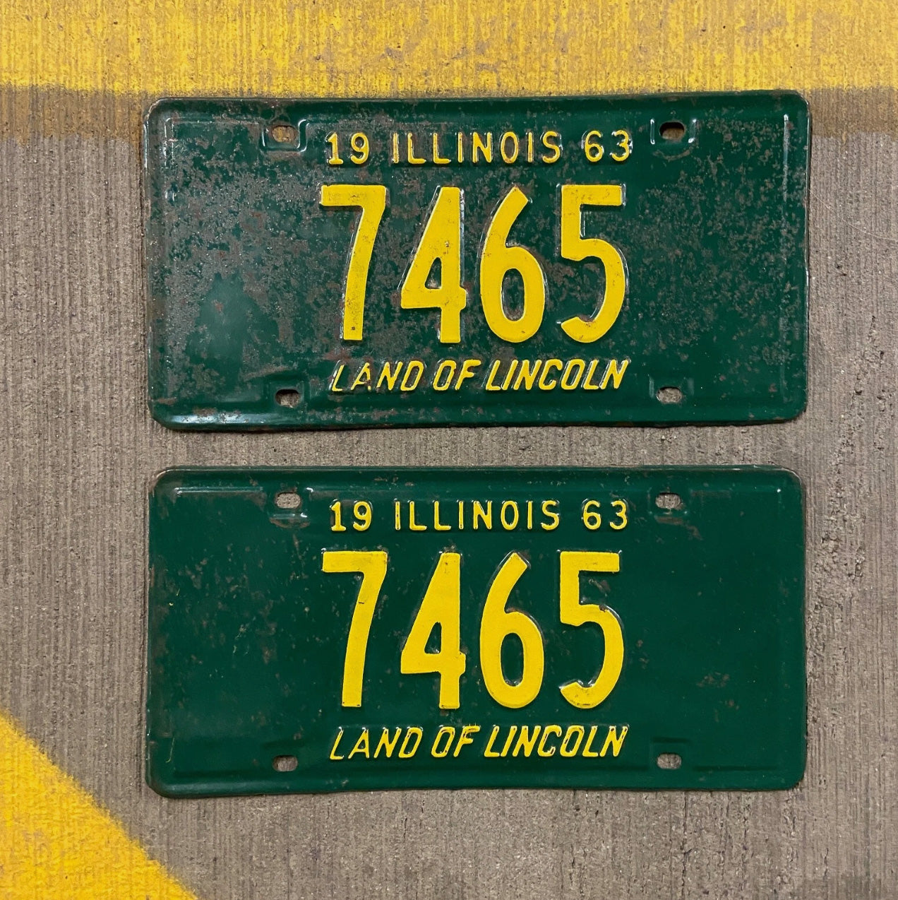 Photo of a 1963 Illinois License Plate Pair Auto Tag Garage Decor Vintage Low Number Four Digit 7465 with original patina