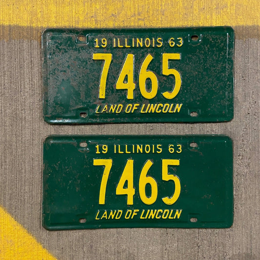Photo of a 1963 Illinois License Plate Pair Auto Tag Garage Decor Vintage Low Number Four Digit 7465 with original patina