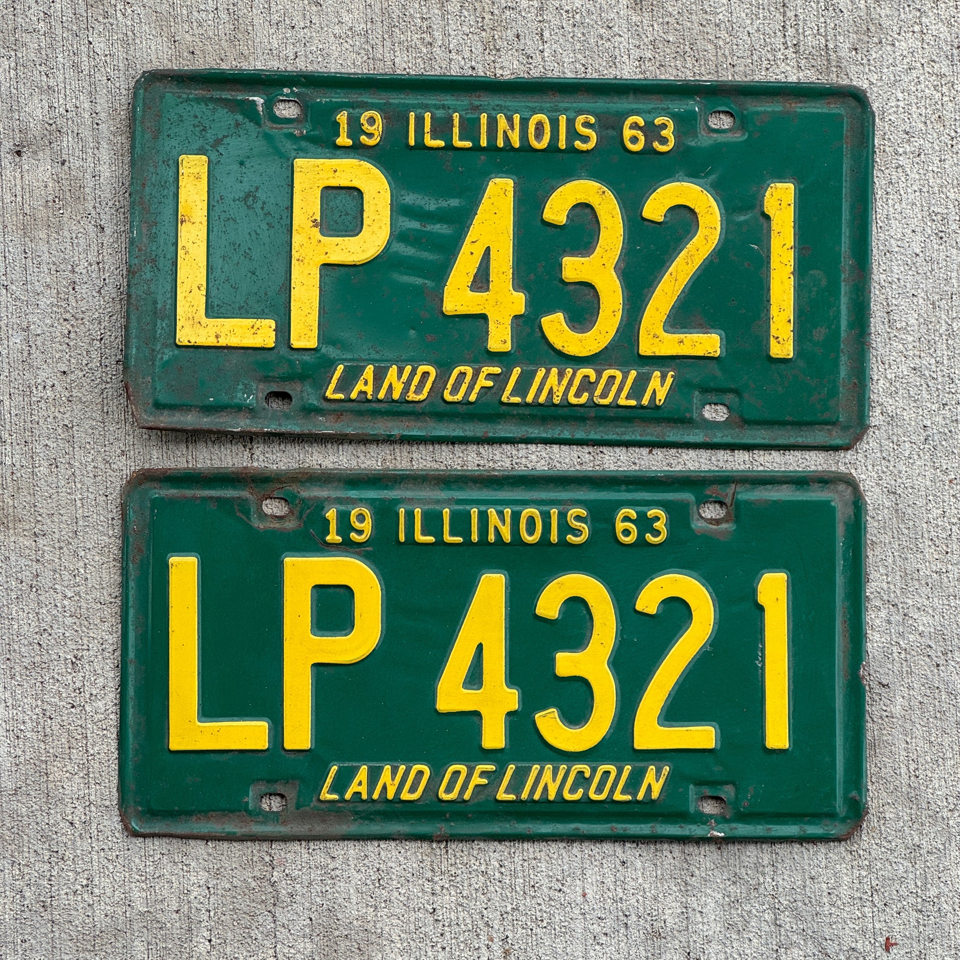 Photo of a 1963 Illinois License Plate Pair Auto Tag Garage Decor Vintage Nice Number LP 4321 with original patina