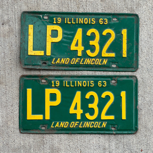 Photo of a 1963 Illinois License Plate Pair Auto Tag Garage Decor Vintage Nice Number LP 4321 with original patina
