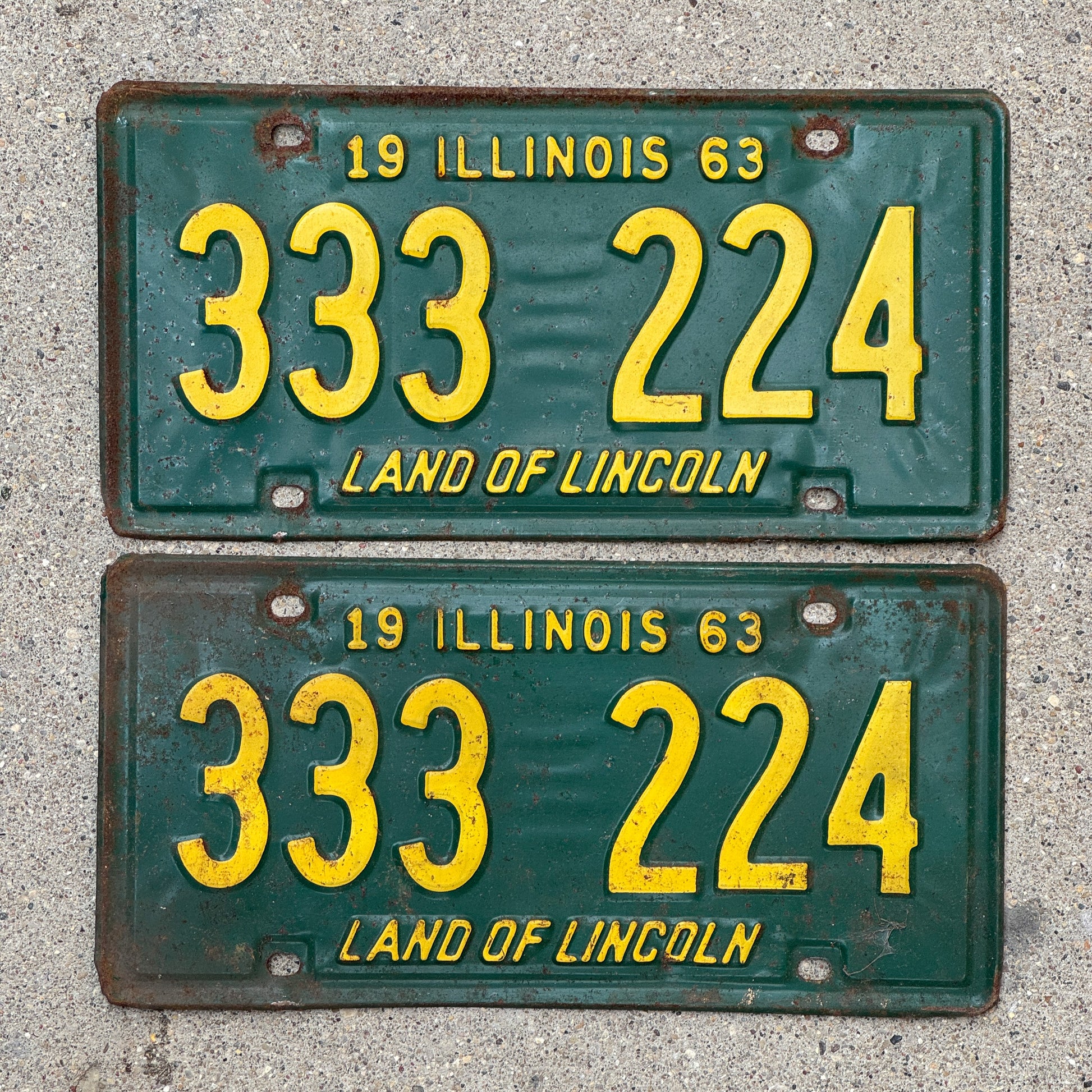 Photo of a 1963 Illinois License Plate Pair Auto Tag Garage Decor Vintage Repeat Repeating 333 224 with original patina