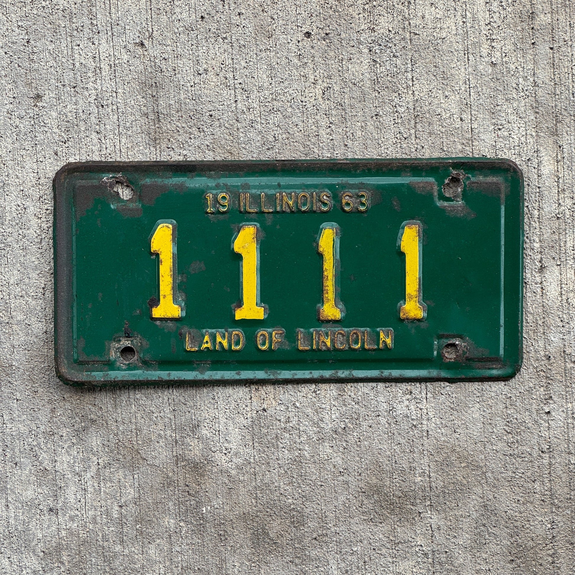 Photo of a 1963 Illinois Motorcycle License Plate Auto Tag Garage Decor Vintage Repeat Repeating 1111 with original patina