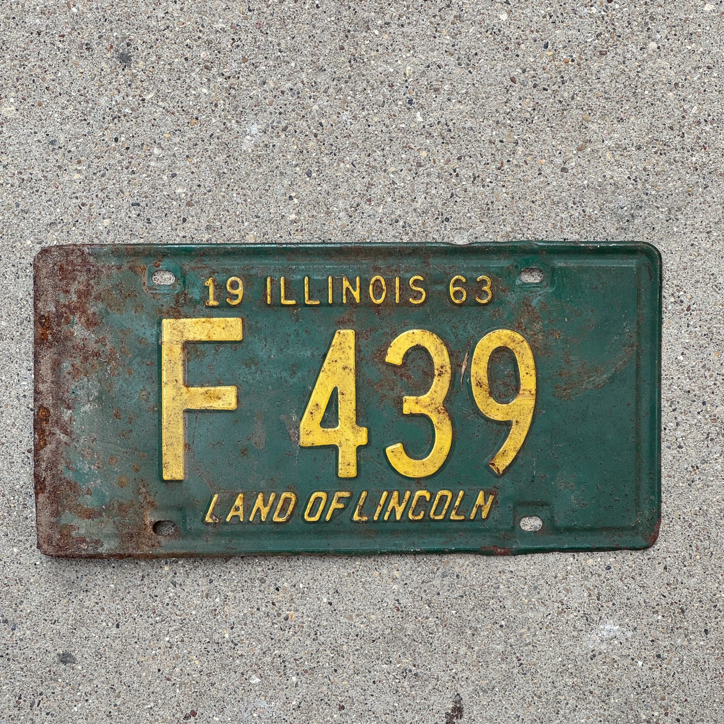 Photo of a 1963 Illinois Truck License Plate Auto Tag Garage Decor Vintage Low Number Three Digit F 439 with original patina