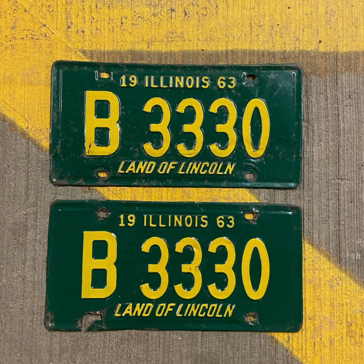 Photo of a 1963 Illinois Truck License Plate Pair Auto Tag Garage Decor Vintage 333 Repeat Repeating B 3330 with original patina