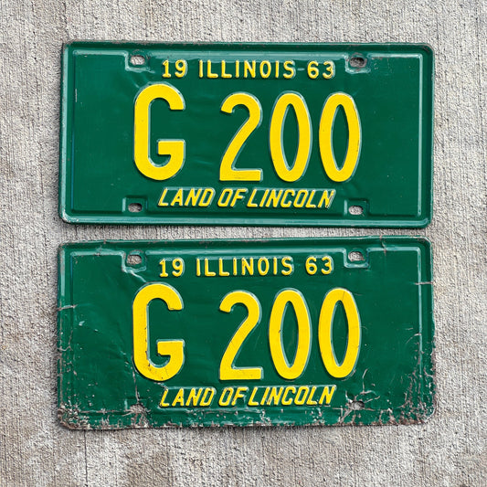 Photo of a 1963 Illinois Truck License Plate Pair Auto Tag Garage Decor Vintage Low Number Three Digit G 200 with original patina