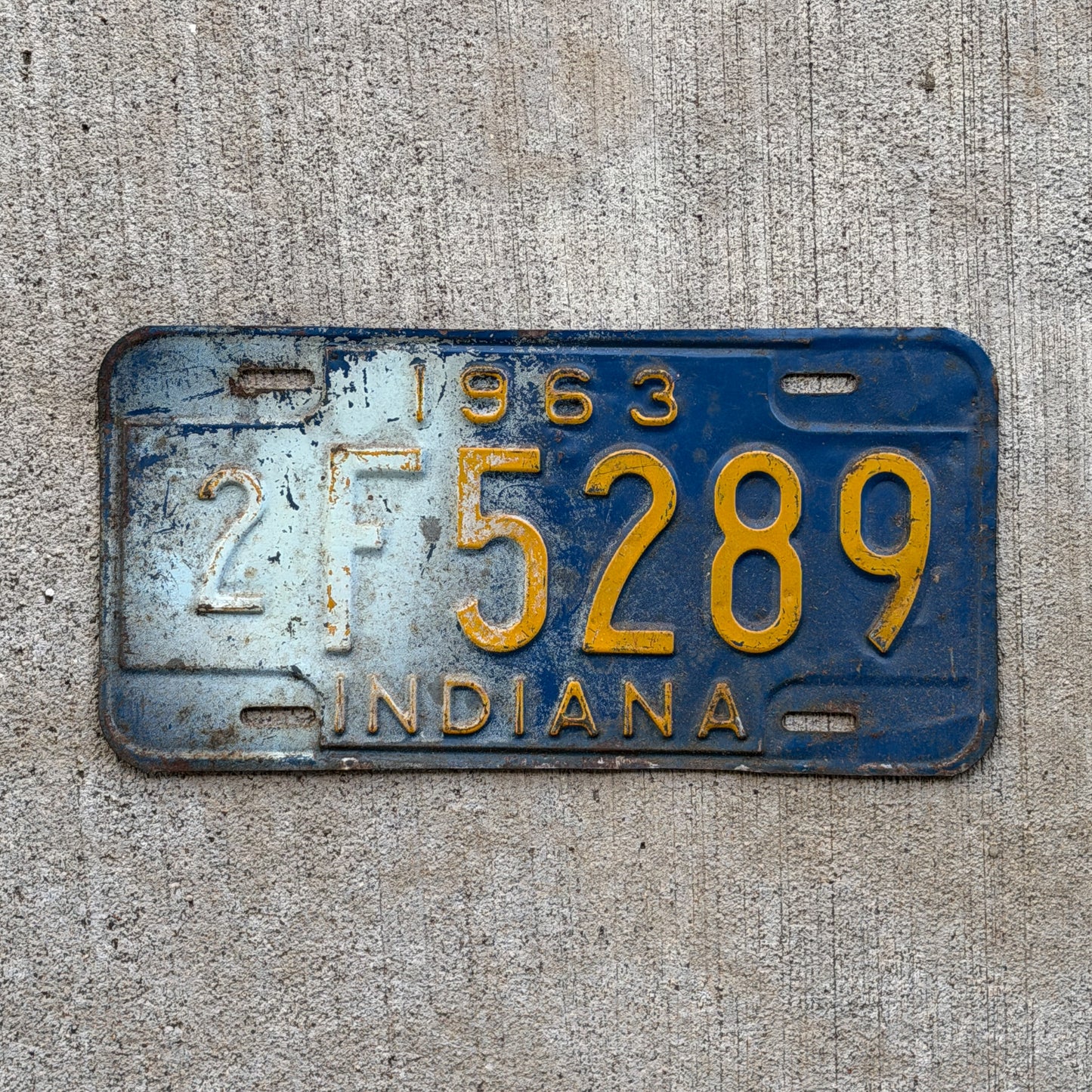 Photo of a 1963 Indiana License Plate Auto Tag Garage Decor Vintage 2 F 5289 with original patina