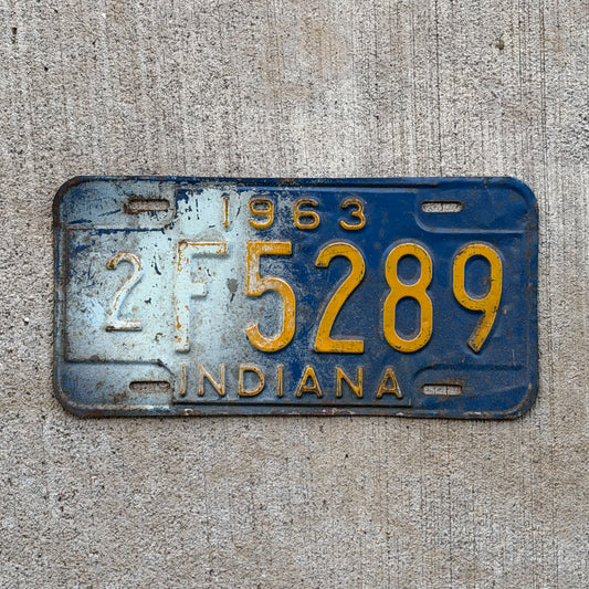 Photo of a 1963 Indiana License Plate Auto Tag Garage Decor Vintage 2 F 5289 with original patina