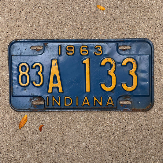 Photo of a 1963 Indiana License Plate Auto Tag Garage Decor Vintage 83 A 133 with original patina