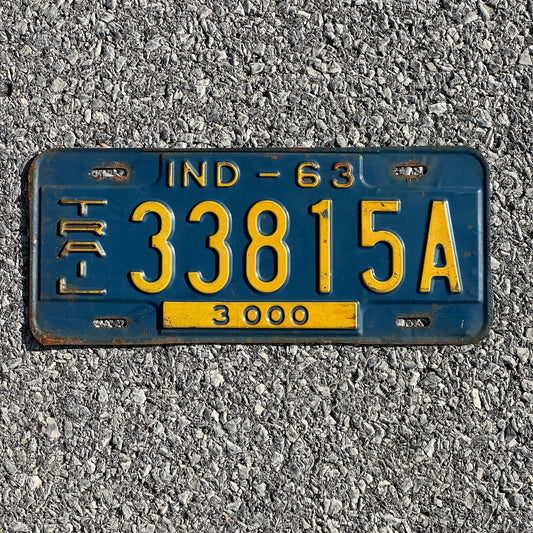 Photo of a 1963 Indiana Trailer License Plate Auto Tag Garage Decor Vintage 33815A