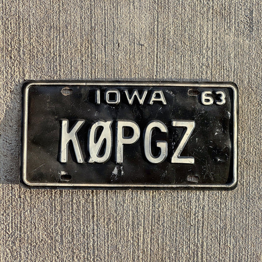 Photo of a 1963 Iowa Ham Radio License Plate Auto Tag Garage Decor Vintage K0PGZ