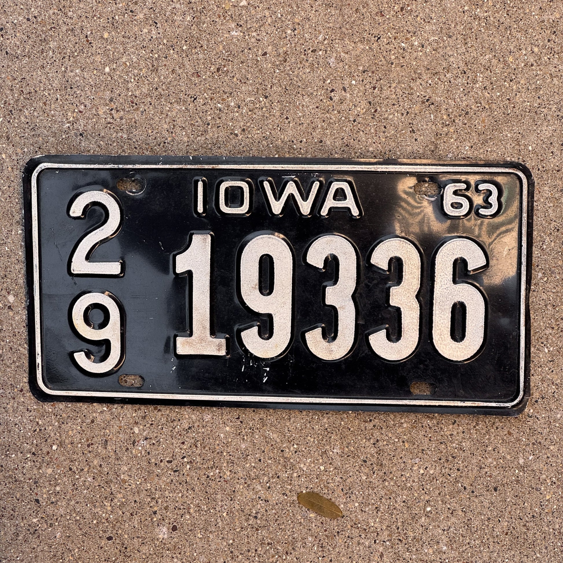 Photo of a 1963 Iowa License Plate Auto Tag Garage Decor Vintage 29 19336 with original patina