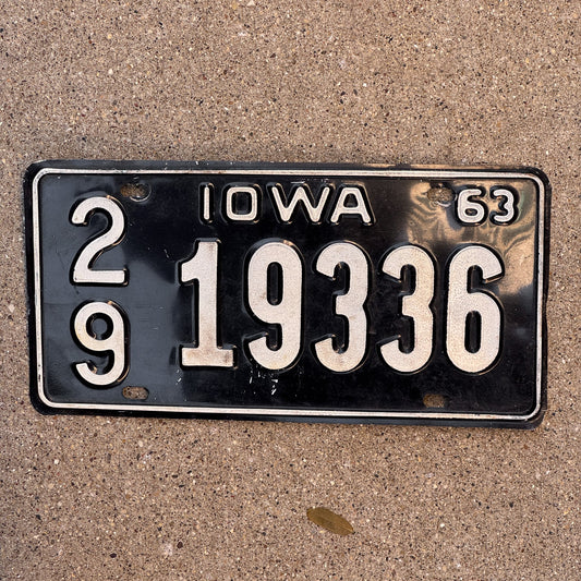 Photo of a 1963 Iowa License Plate Auto Tag Garage Decor Vintage 29 19336 with original patina