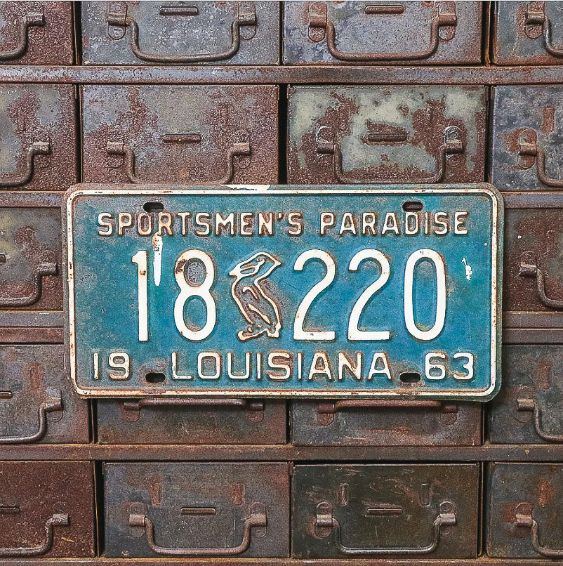 Photo of a 1963 Louisiana License Plate Auto Tag Garage Decor Vintage Iconic Pelican 18 220 with original patina