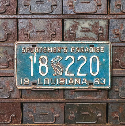 Photo of a 1963 Louisiana License Plate Auto Tag Garage Decor Vintage Iconic Pelican 18 220 with original patina