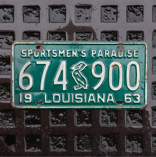Photo of a 1963 Louisiana License Plate Auto Tag Garage Decor Vintage Iconic Pelican 674 900 with original patina