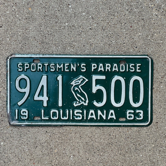 Photo of a 1963 Louisiana License Plate Auto Tag Garage Decor Vintage Iconic Pelicn 941 500 with original patina