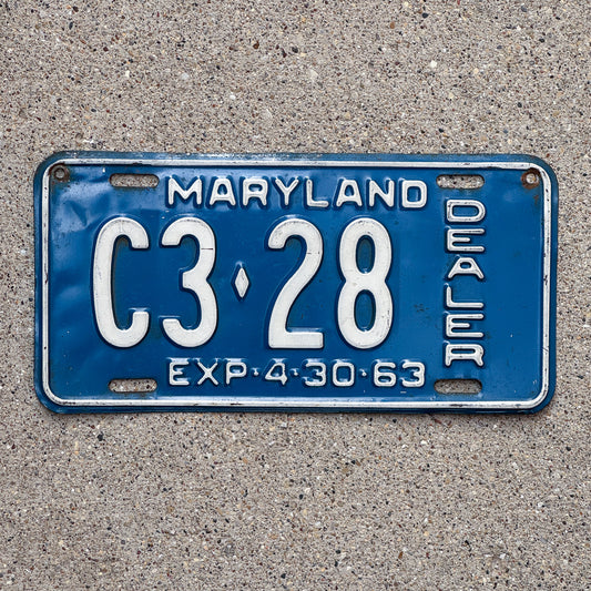 Photo of a 1963 Maryland Dealer License Plate Auto Tag Garage Decor Vintage C3 28 with original patina