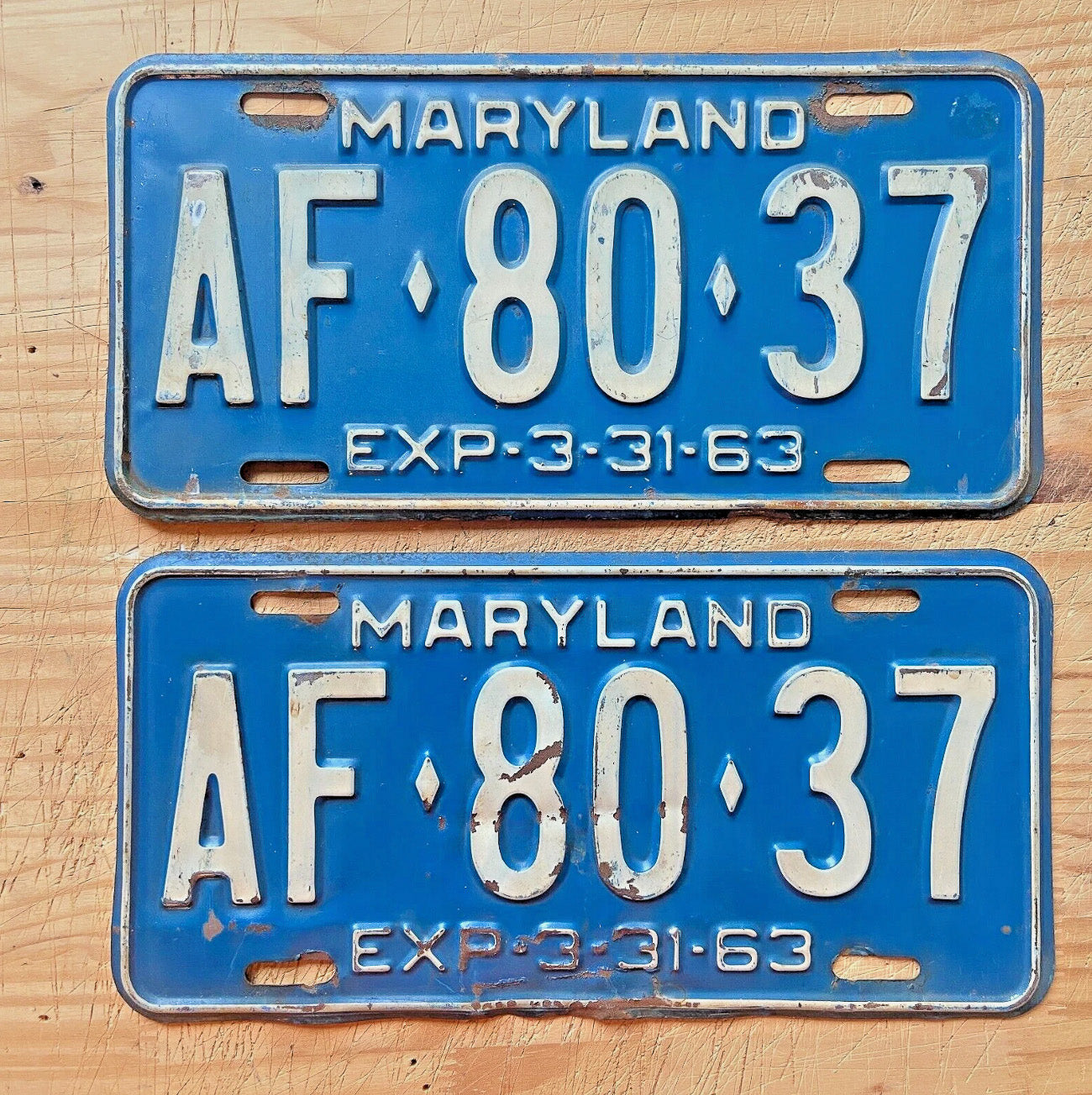 Photo of a 1963 Maryland License Plate Pair Auto Tag Garage Decor Vintage AF 80 37 with original patina